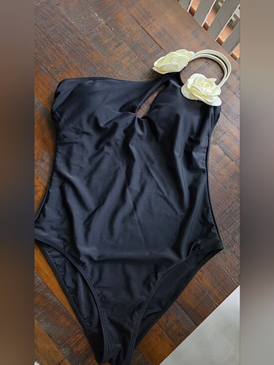 Other - Black One-Piece Swimsuit with Cream Floral Accent